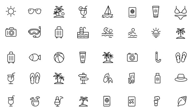 Summer Vacation and Beach Icon Set. Outline vector illustration featuring travel, tourism, resort, holiday, tropical island, sunglasses, palm, cocktail, sunset, leisure, and more,