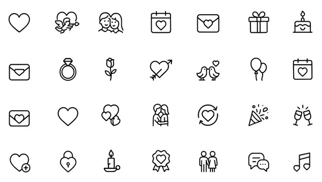 Valentines icon set with romantic heart, cupid, couple, passion, valentine, dating, love, wedding, affection, celebration, gift, hug, ring, flower, balloon, party, and more. Vector illustration