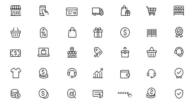 Shopping icon set featuring store, online shopping, purchase, delivery, promotion, shopping cart, supermarket, retail, sales, and more essential market icons