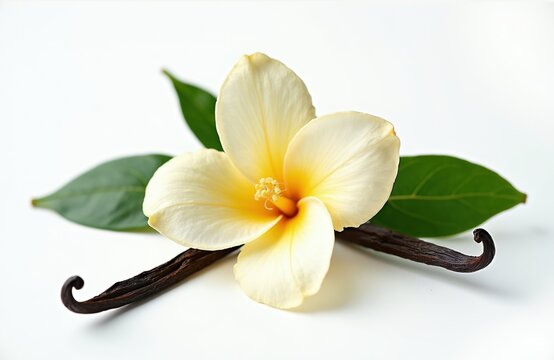 Creamy vanilla flower rests near dark pods on white background. Green leaves add natural touch. Sweet spice ingredient for desserts, baking and perfume.