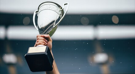 Obraz premium Hand holding a silver trophy aloft against a stadium background, symbolizing victory and achievement in a dramatic, cinematic style with copy space