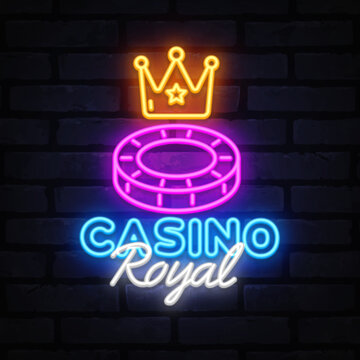 Casino Royal neon text with crown and poker chip glowing in pink, yellow and blue, elegant script and bold font combo on dark brick wall.