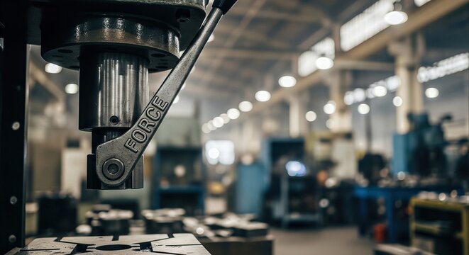 Industrial press lever with 'FORCE' engraving descends in a factory, symbolizing inevitable power and mechanical control.