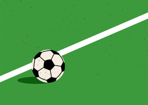 Football on sideline of green pitch. Soccer field marking with ball and shadow. Flat illustration. Green grass sports pitch side view.