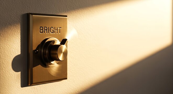 Brass dimmer switch set to maximum brightness, casting warm golden hour light on textured wall, symbolizing control and intensity in modern interior design.