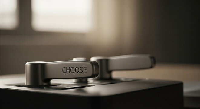 Close-up of a metallic lever with the word "CHOOSE" engraved, symbolizing decision-making and choice in a modern setting with soft lighting