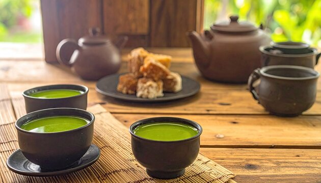 Matcha tea ceremony displayed with tea cups pots and snacks on wood table