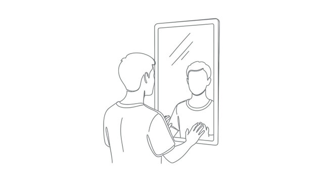 Man looking at his reflection in mirror.