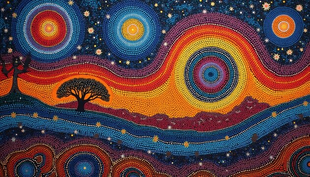 Vibrant dot art Australian landscape with swirling sky colors, trees, abstract shapes. Traditional indigenous style with rich patterns, celestial elements, evoking natural beauty, cultural heritage.