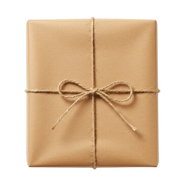 Wrapped gift box with string bow isolated on transparent background