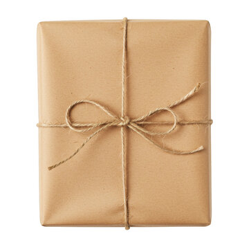 Brown paper package tied with string isolated on transparent background