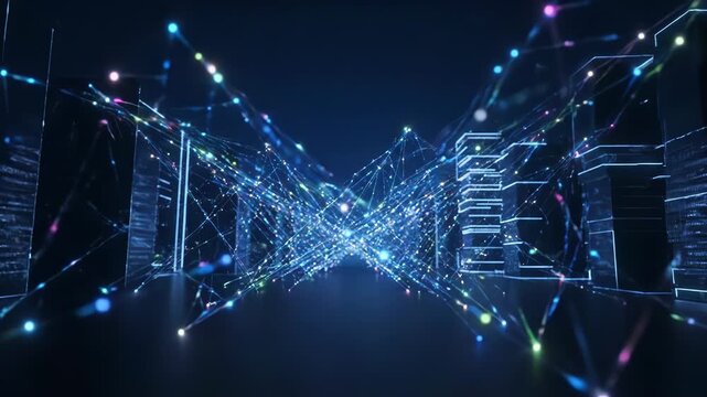 Abstract network of glowing lights forms a digital cityscape. Futuristic connections pulse with vibrant colors in darkness.