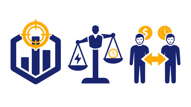 Full Time Equivalent FTE Icons Set - Employee Workload Balance, Scale Justice and HR Management