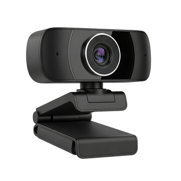 Black webcam on a desk with adjustable arm