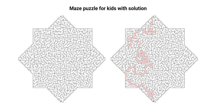 Maze puzzle for kids with solution, hard difficulty level, educational activity