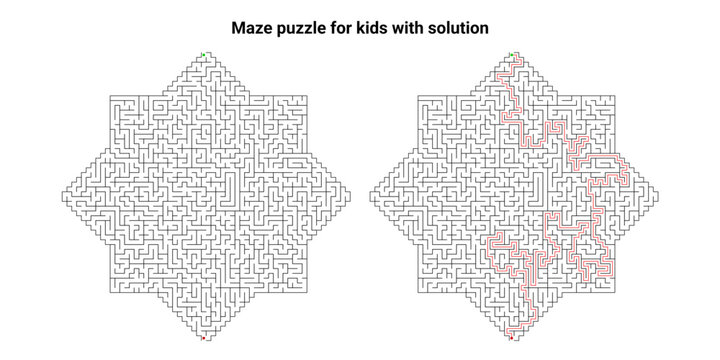 Maze puzzle for kids with solution, hard difficulty level, educational activity