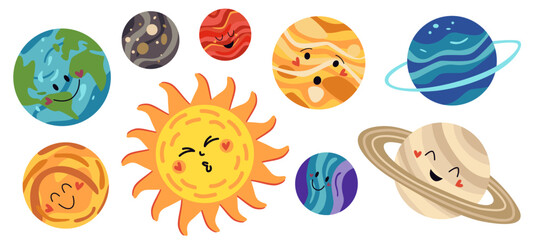 Cute solar system planets and smiling sun vector set isolated on white background. Colorful space collection for kids education, nursery decor, stickers and school learning materials © Peviotadesign