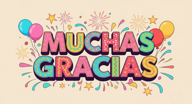 Bright multicolored 'muchas gracias' typography with balloons stars and sparkles on a soft beige background conveying celebration gratitude and joyful festive atmosphere perfect