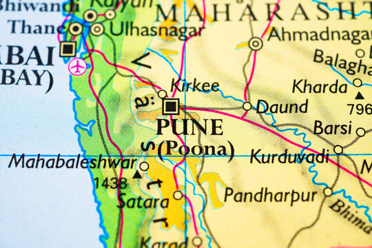 Detailed road map close up of Pune Maharashtra region India for travel planning.