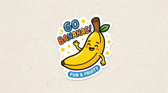 Playful cartoon banana sticker with cheerful Go Bananas text and fun design.