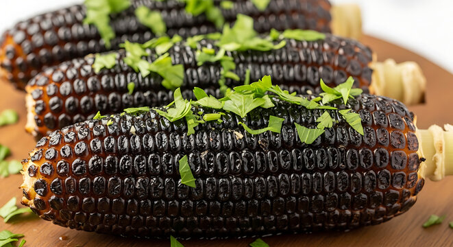 Grilled Purple Corn on the Cob with Fresh Parsley Garnish on Wooden Board