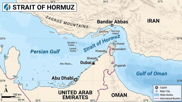 Strait of Hormuz Zoom Map showing position in the Persian and Oman Gulf