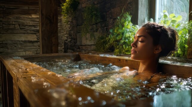 A woman taking a cold plunge in a wooden tub