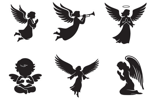 Heavenly angel silhouette collection, set of 6 divine cherub and celestial spirit vectors, black religious icons for Christmas and memorial designs