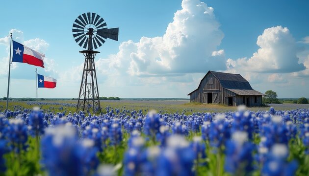 Windmill and barn stand in Texas bluebonnet field. Texas flags fly under a blue sky with white clouds. Rural landscape, spring bloom, agriculture scene.