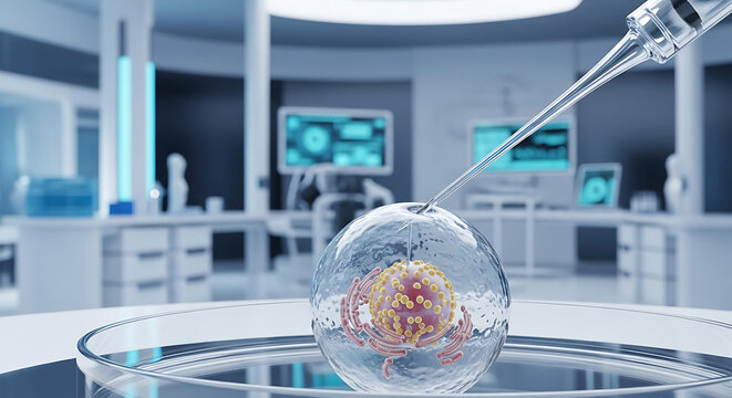 Biotechnology research showing microscopic cell injection with pipette in high tech laboratory