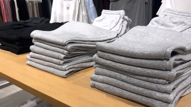 Neatly folded stacks of gray and black cotton sweatpants displayed on a wooden table inside a clothing store, with other apparel hanging on racks in the blurred background