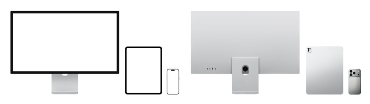 Photorealistic modern silver modern smart devices collection mockup: smartphone, pc, tablet pc, display. Front and rear view isolated on transparent background. Vector PNG