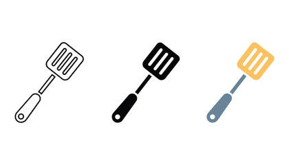 Kitchen spatula utensil icon set showcasing linear solid and colored flat vector styles representing cooking tools for culinary website design or professional food service branding on white background © Pure
