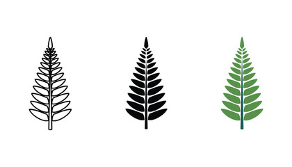 Detailed fern leaf icon set showcasing organic botanical line art solid black and flat green color design for environmental branding nature conservation and tropical plant web graphics on white ground © Pure