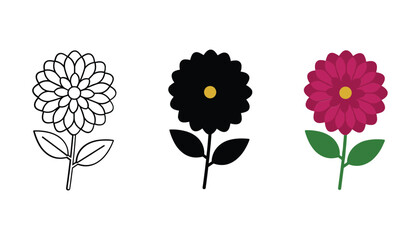 Beautiful dahlia flower icon set featuring elegant botanical line art solid black and vibrant magenta flat color design for garden themes floral patterns and wedding branding on white background © Pure