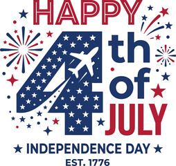 Obraz premium Happy 4th of July Independence Day graphic with airplane and fireworks