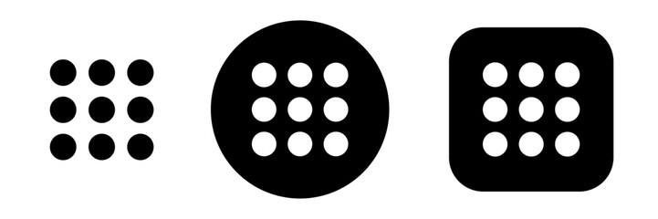 Obraz premium Grid menu icon set with nine dot navigation symbols. App launcher button icons for web interface, dashboard UI, software menus, mobile navigation and digital systems