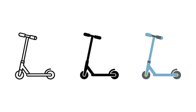 Kick scooter icons for urban transportation in line art solid black and flat blue color design for personal mobility and modern city travel concepts