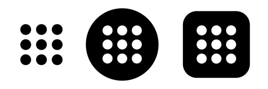 Grid menu icon set with nine dot navigation symbols. App launcher button icons for web interface, dashboard UI, software menus, mobile navigation and digital systems