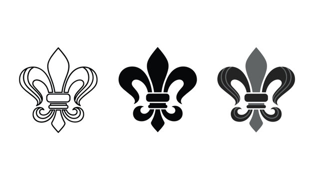 Three styles of fleur de lis icon including outline silhouette and gray flat color vector graphic for royal heraldry and luxury design elements