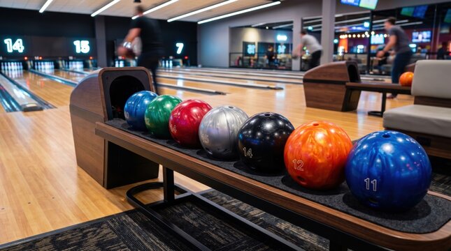 Bowling balls on rack, colorful bowling equipment, recreational activity, indoor games