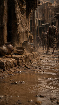 Cinematic muddy village alley during dragon awakening
