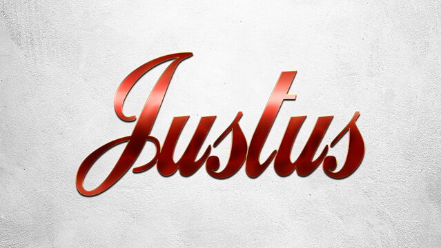 Red 3D text effect of name Justus on silver background.	