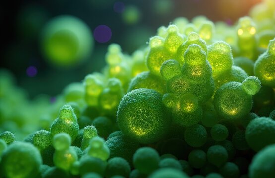 Microscopic view of bright green Schizochytrium algae cluster. Cells show internal light, texture, detail. Useful for science, health, bio-tech.