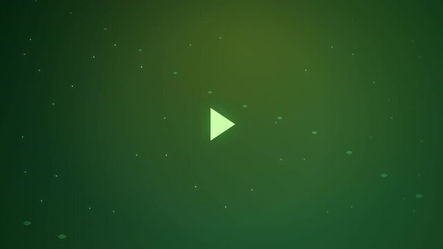 Minimalist green play pause button animation with soft light and subtle floating firefly particles, ideal for eco-friendly tech, organic lifestyle apps, and nature-themed digital content.