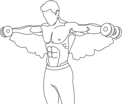 Athletic man performing lateral raise exercise with dumbbells, vector illustration of fitness and strength training