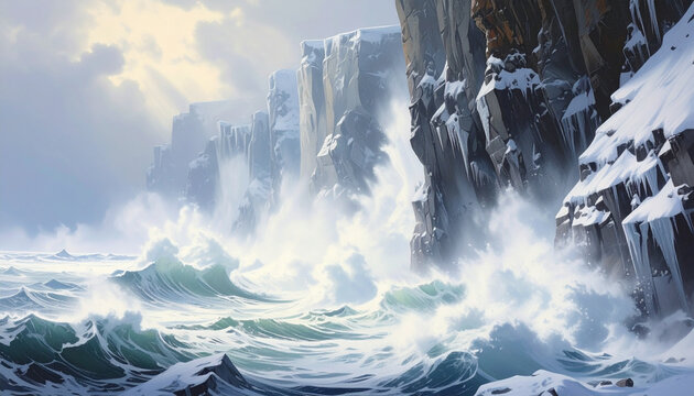 Snowy ocean waves crashing against rocky cliffside landscape