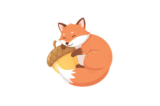 Cute Cartoon Fox Sleeping and Hugging a Large Acorn