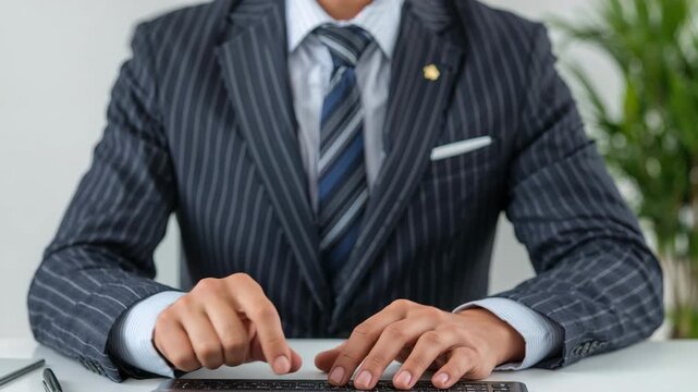 ルール説明を想起させる指差しのスーツ手元、研修や社内ガイド向けの明るい背景