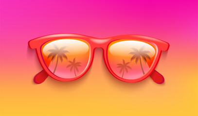 Obraz premium Sunglasses with tropical palms in lens reflection, retro style. Gradient background with summer glasses. Hot season symbol. Design for fashion, web, flyers, posters, advertise. Vector illustration.